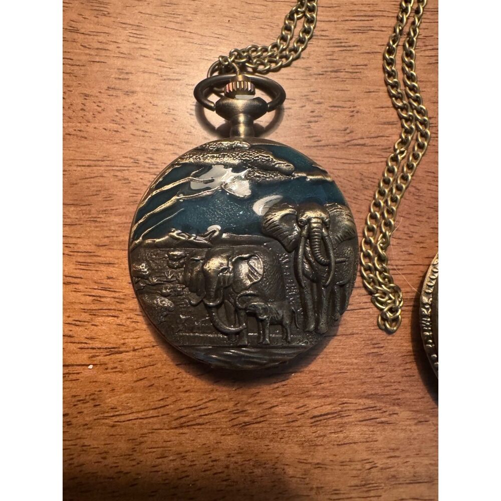 Set of 3 Animal Pocket Watch Necklace Lot Elephant Wolf Bear Bronze Tone Quartz